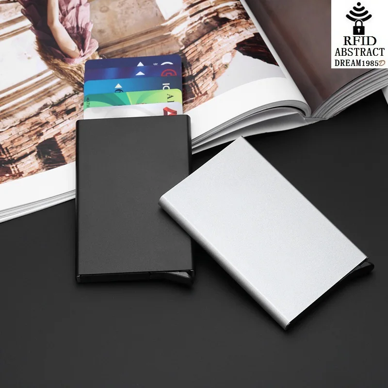 

Wholesale price RFID Business Credit Card men automatic Aluminum Card ID Holder Quality travel Mini women card case box 6 colors