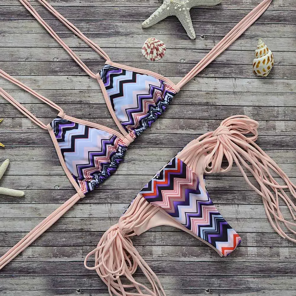 Винтажное бикини с кисточками 2017 сексуальный розовый купальник пуш ап комплект