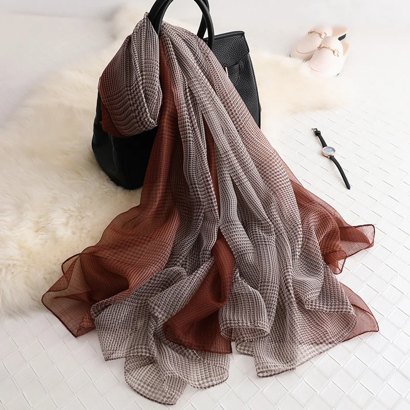 Женский шелковый шарф в клетку LaMaxPa длинная мягкая накидка и шаль для пляжа весна