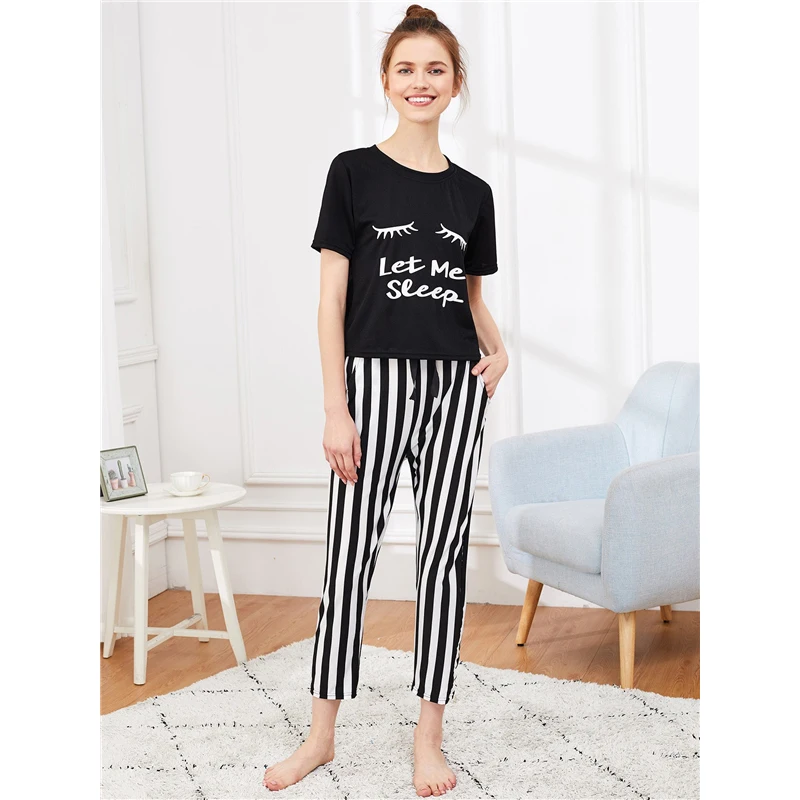 Dotfashion пижамный комплект в полоску с буквенным принтом и ресницами, лето, черно-белые пижамы для женщин, повседневная одежда для сна с коротким рукавом