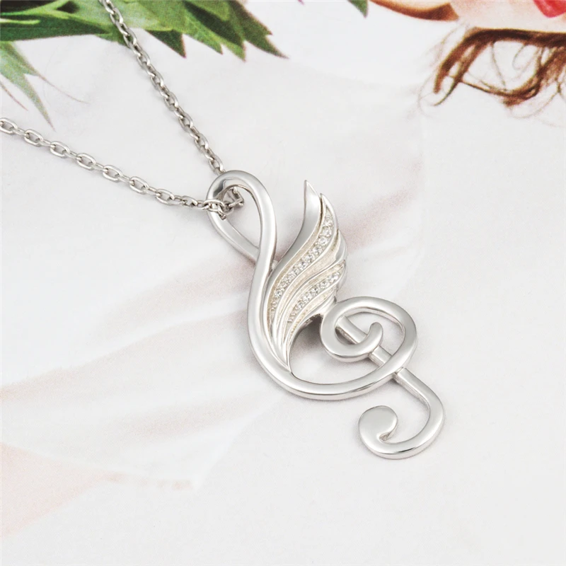 SG 2018 925 Sterling Silver Chain Necklace silver colour CZ Feather music notation Necklaces &amp Pendants For jewelry making | Украшения и