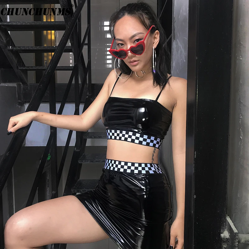2018 летние из искусственной кожи майка и бюст юбка комплект двух предметов модные