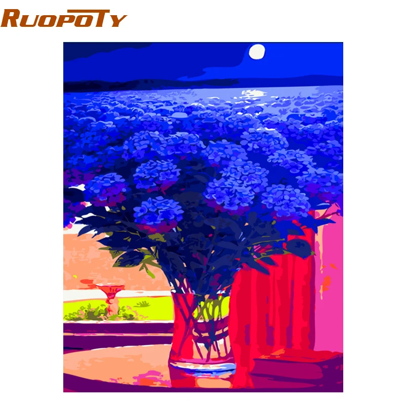 Картина маслом по номерам на холсте с синими цветами|diy painting|painting diyabstract sea paintings |