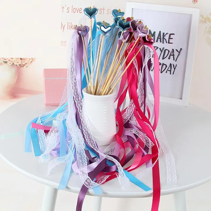 Romantic Heart Decoration Ribbon Wish Wands With Bells Party Fairy Stick Cheering Props birthday wedding|Флажки вымпелы и