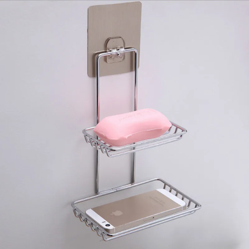 Bathroom stainless steel double soap dish creative free punching no trace rack bathroom soap rack drain soap box WF621928