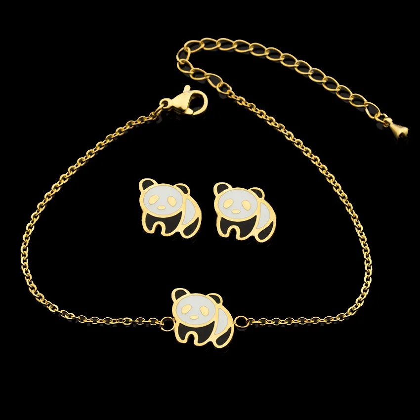 Gold Color Set Персонализированные очарование панда браслет Для женщин Модные украшения комплект милый животных Медведь Серьги шпильки для дня рождения Best подарок - Окраска металла: Gold Color Set