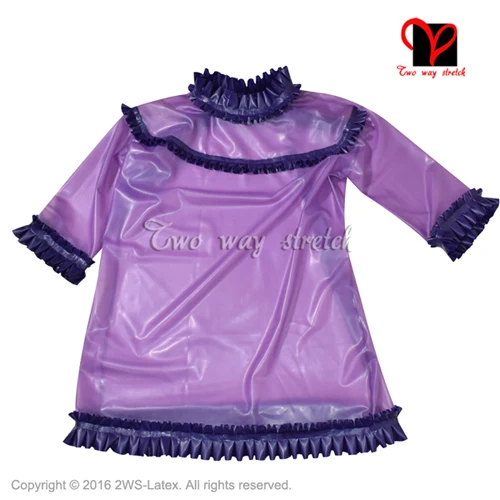 trans purple w black Сексуальная прозрачная коричневая с черными оборками латексная Блузка Половина рукава резиновая форменная Пижама Gummi одежда QZ-099 - Цвет: trans purple w black