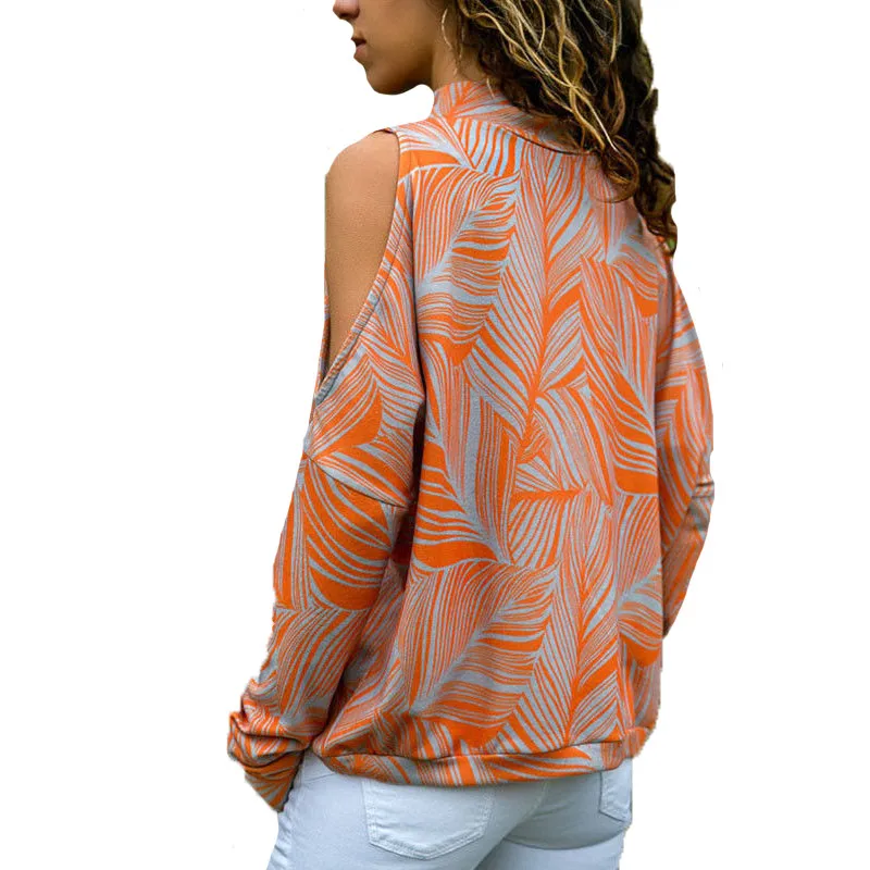 Женские рубашки с открытыми плечами модные топы в полоску высоким воротником