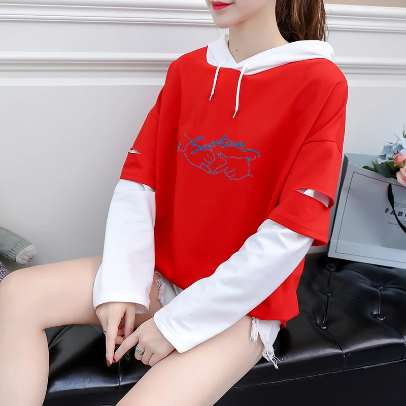 

Seventeen Kpop T Shirt Women Korean Casual Funny Gesture Letter Printed Tshirt Long Sleeve Fake Two Pieces Harajuku Hipster Tops
