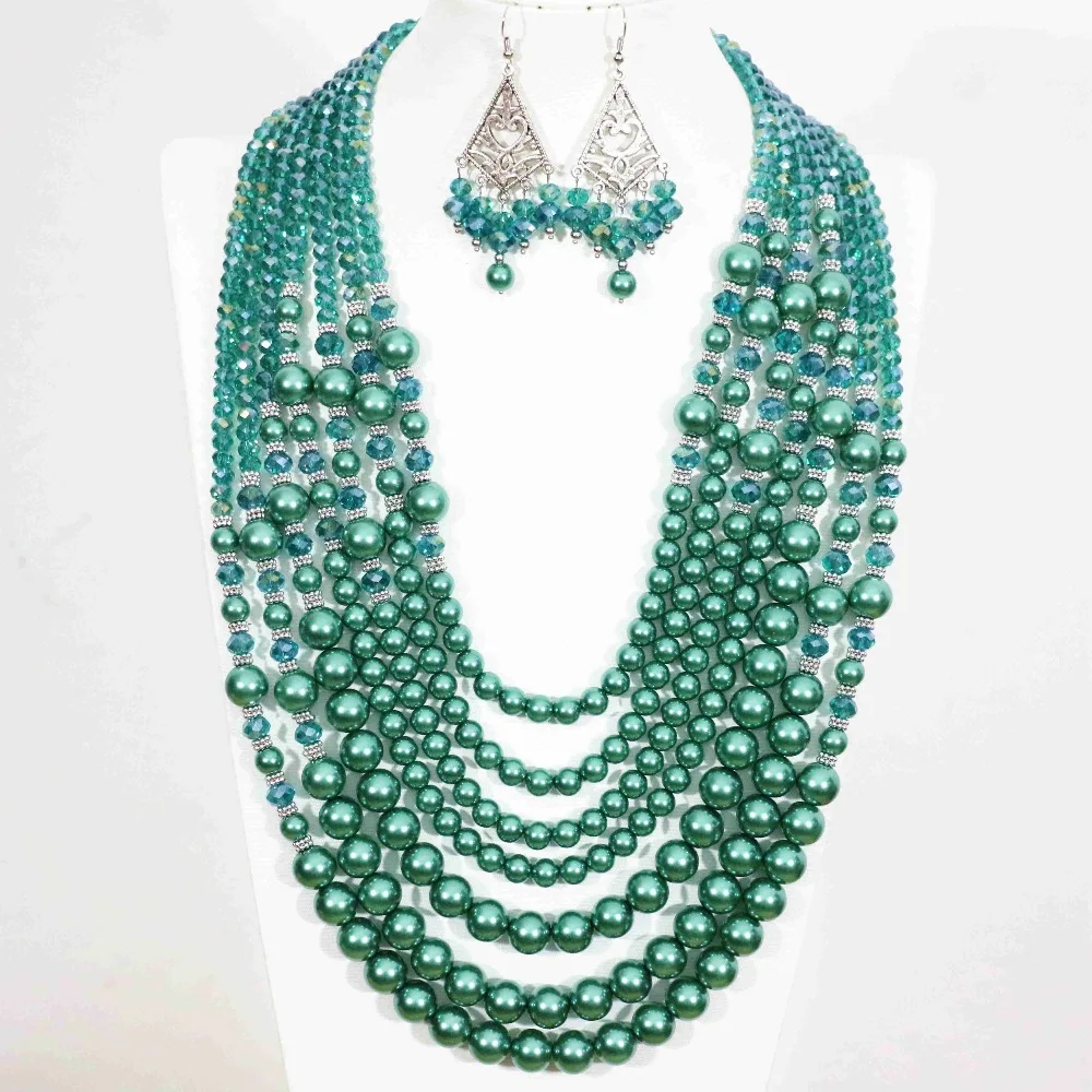 

Hot sale malachite green round shell simulated-pearl abacus crystal 7rows necklace earrings for women vintage jewelry set B1303