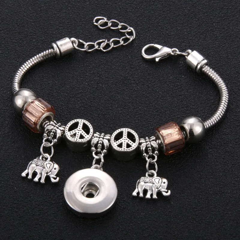 

2019 New Elephant Snap Button Bracelet Lobster Buckle Snake Chain Bangles Beaded Snap Bracelet Fit 18MM Snap Jewelry