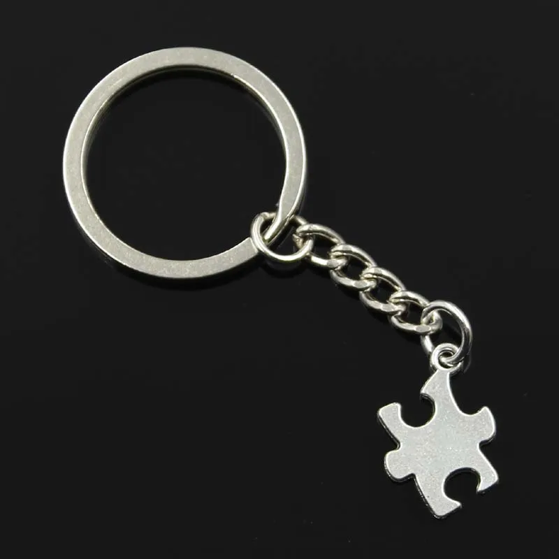 

New Fashion Men 30mm Keychain DIY Metal Holder Chain Vintage Jigsaw Puzzle Autism Awareness 20x14mm Silver Color Pendant Gift