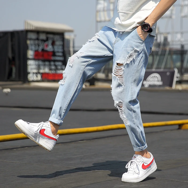 Summer Jeans Men Fashion Streetwear Ripped Jeans For Men Plus Size Light Blue Men Jeans Pants Casual Trousers Male 5XL-M