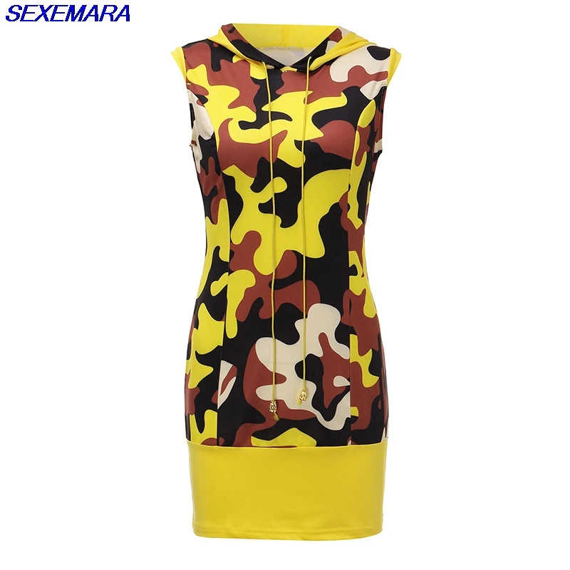 SexeMara Summer Dress Women Plus Size Mini Casual Hooded Patchwork Stripe Camouflage Bodycon Dresses Vestidos | Женская одежда