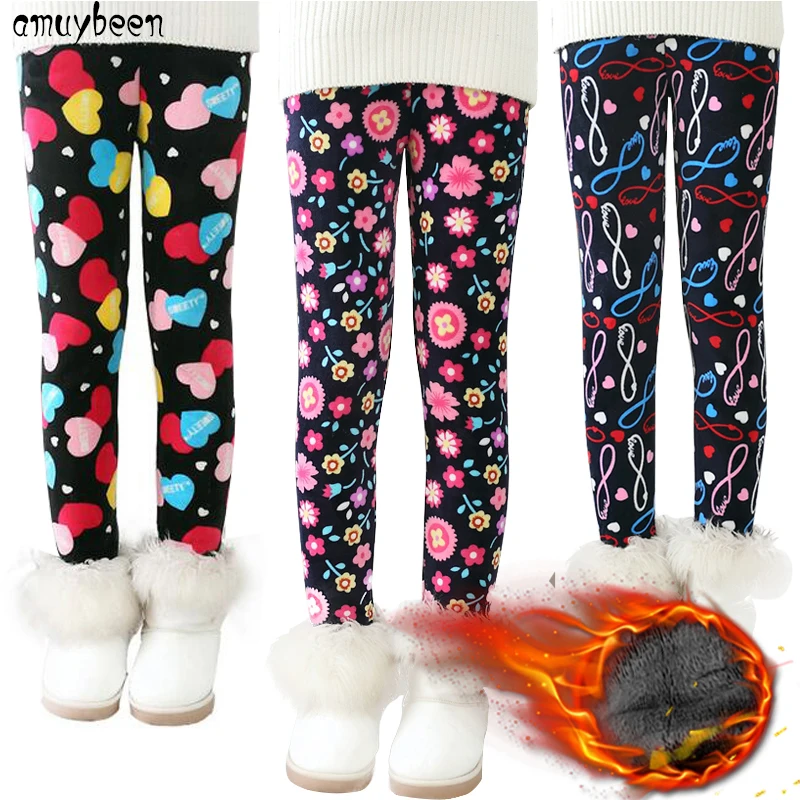 Amuybeen/популярные леггинсы для девочек; коллекция года; Pantalon fille; одежда для детей; бархатные зимние теплые Плотные хлопковые штаны с принтом для малышей
