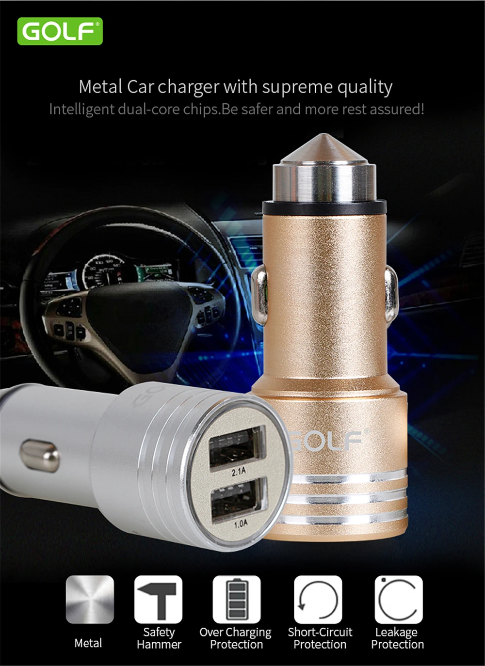 Металлический для гольфа аварийный молоток 5 V 2.1A 1A двойной USB выход Автомобильное зарядное устройство для iPhone 6 7 8 X Android телефон адаптер быстрой зарядки