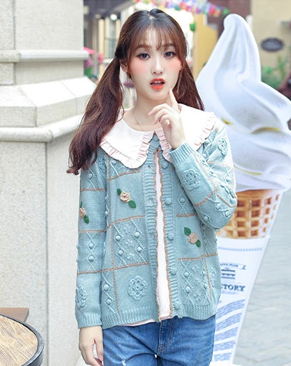 Mori Girl Casual Cute Wave Edge Knitted Women Cardigan Sweater 2017 Autumn Winter Long Sleeve O neck Floral Embroidery |