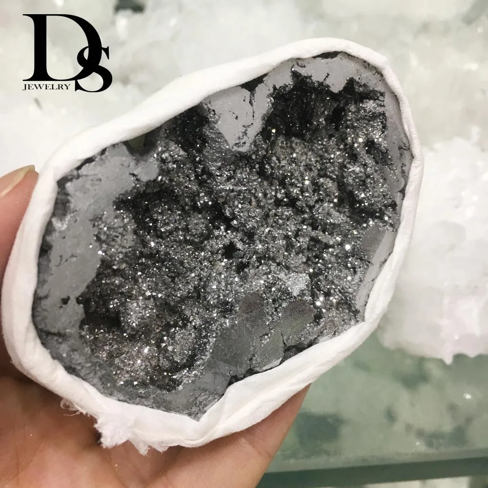 Silver Натуральный агат фрагмент жеоды Drusy Druse кварц гальванический кластер кристалл точки бразильские минералы образец вечерние украшения - Цвет: Silver