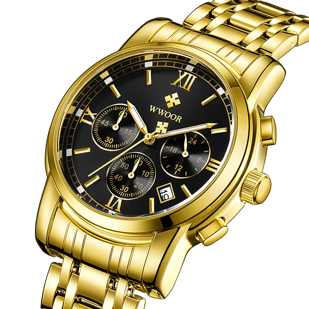 

2018 WWOOR Men Quartz Watch Mens Watches Top Brand Luxury Gold Stainless Steel Sport Wrist Watch Male Chronograph Business Clock