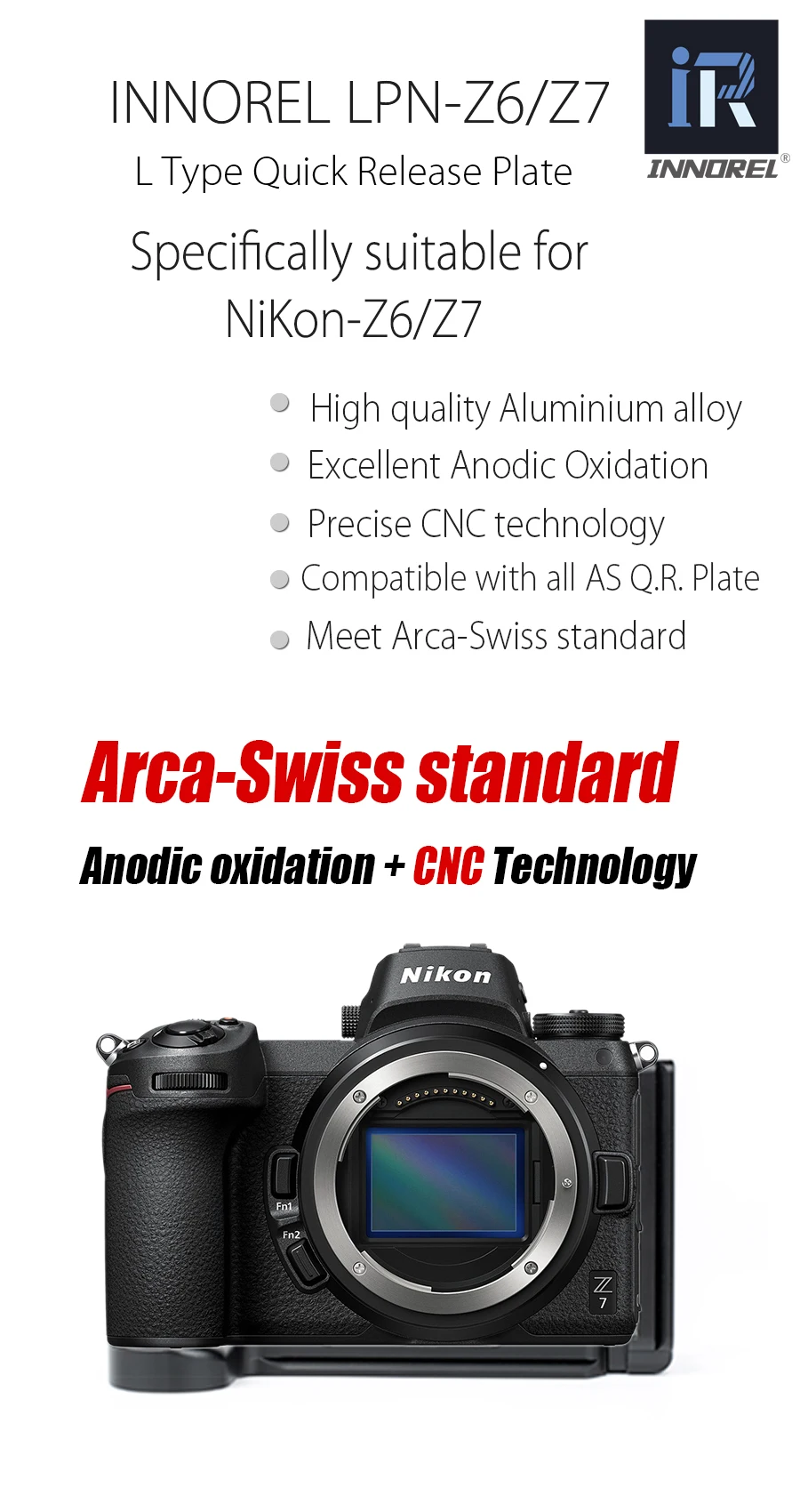 INNOREL LPN-Z6/Z7 L быстросъемная пластина Кронштейн рукоятка для Nikon Z6/Z7 головка штатива камеры для вертикальной или горизонтальной съемки