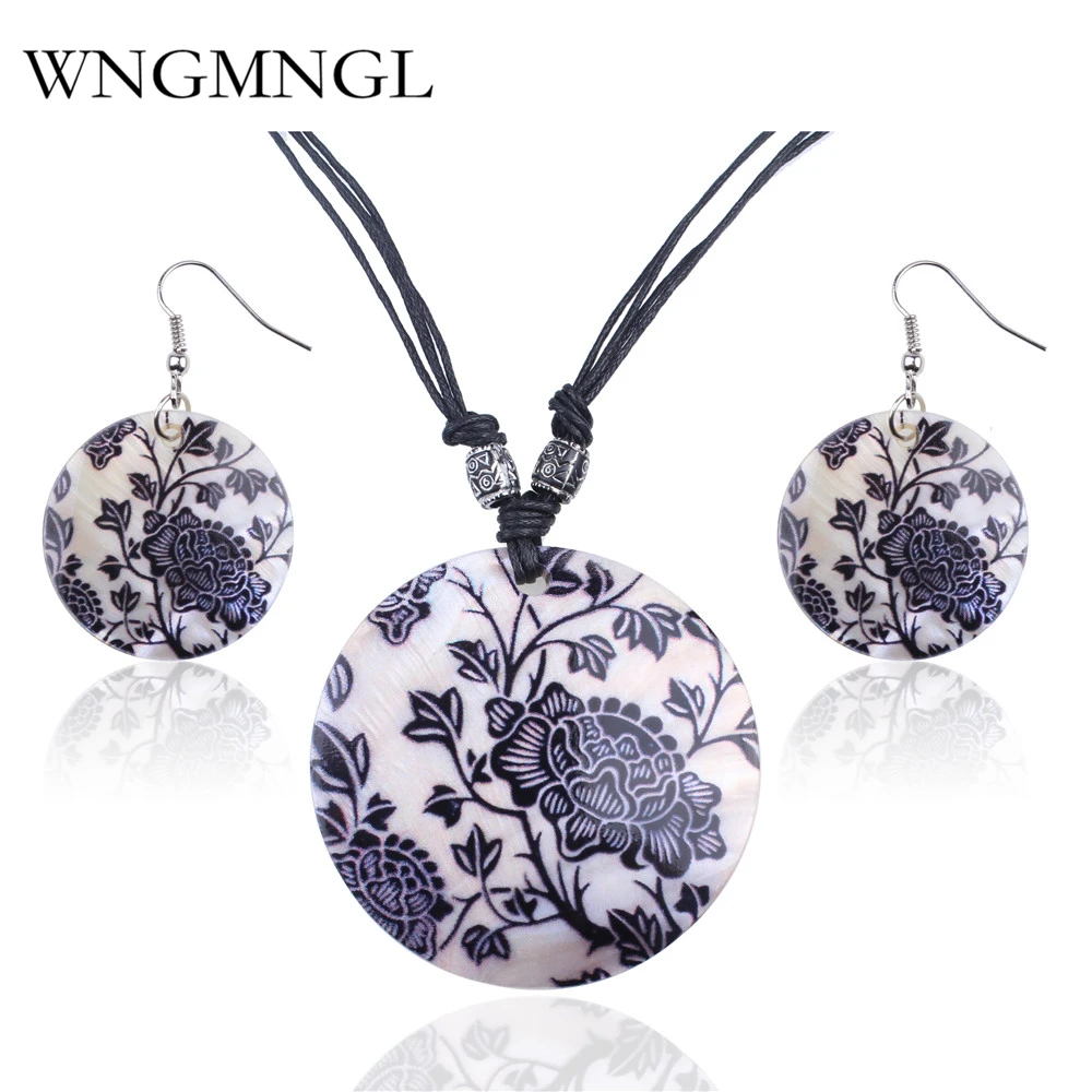 

WNGMNGL New Ethnic Natural Shell jewelry sets for women Boho round flower Drop earring wax rope chain necklace set bijoux femme
