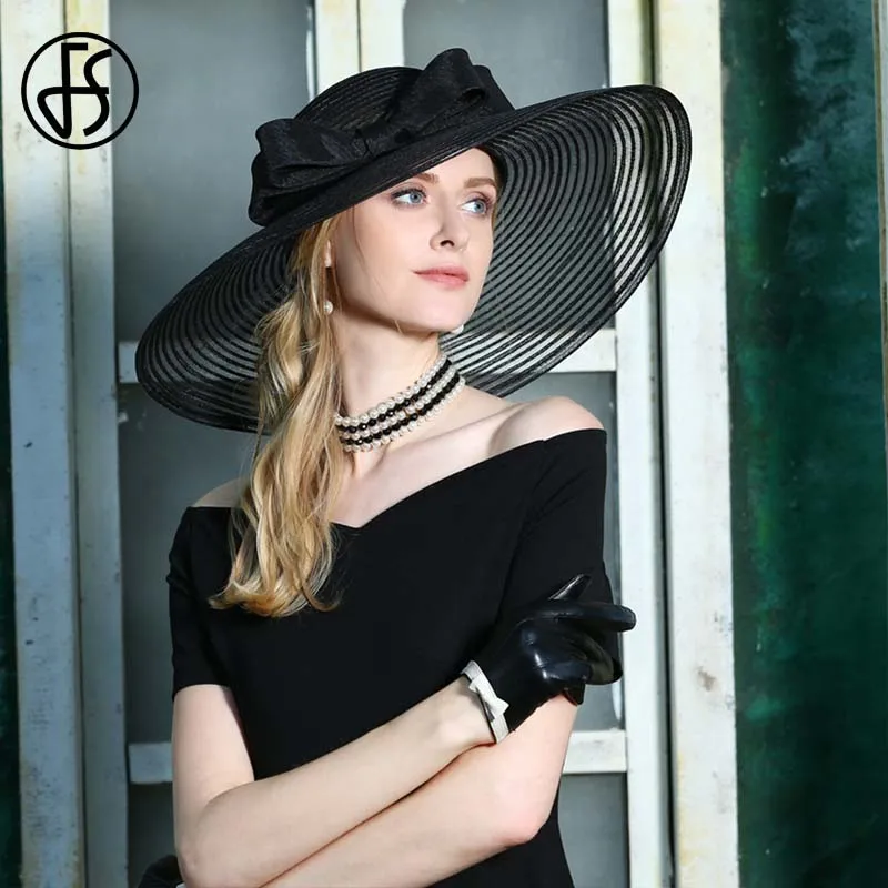 Женская винтажная шляпа FS с широкими полями и бантом черная белая летняя
