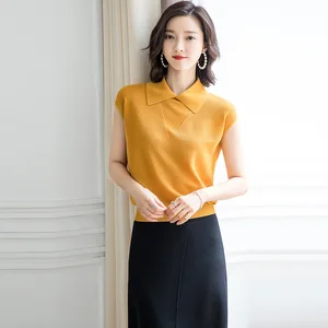 Женский трикотажный пуловер, летний ажурный короткий свитер без рукавов с отложным воротником, 2019