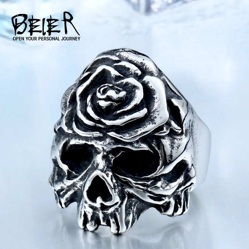 BEIER New Store 316L Hot Sell 316LStainless Steel Winged Flower On Skull Cool Punk Ring Biker Jewelry BR8-411