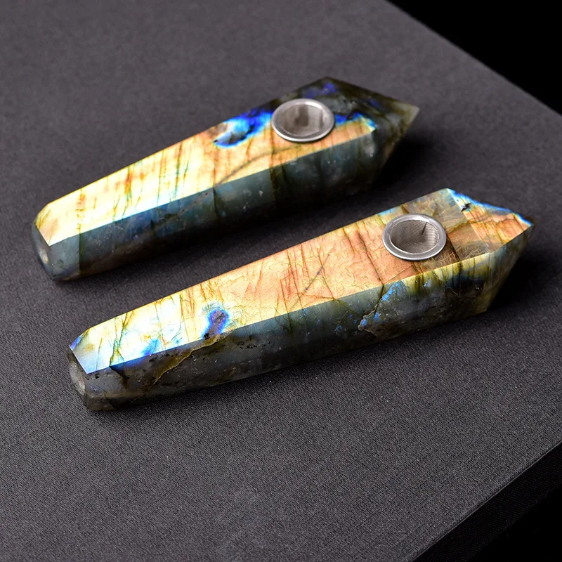 

New Polished Gray Moonstone Pipe Natural Fluorite Crystal Colorful Striped Fluorite Quartz Crystal Stone Six prism filter pipe