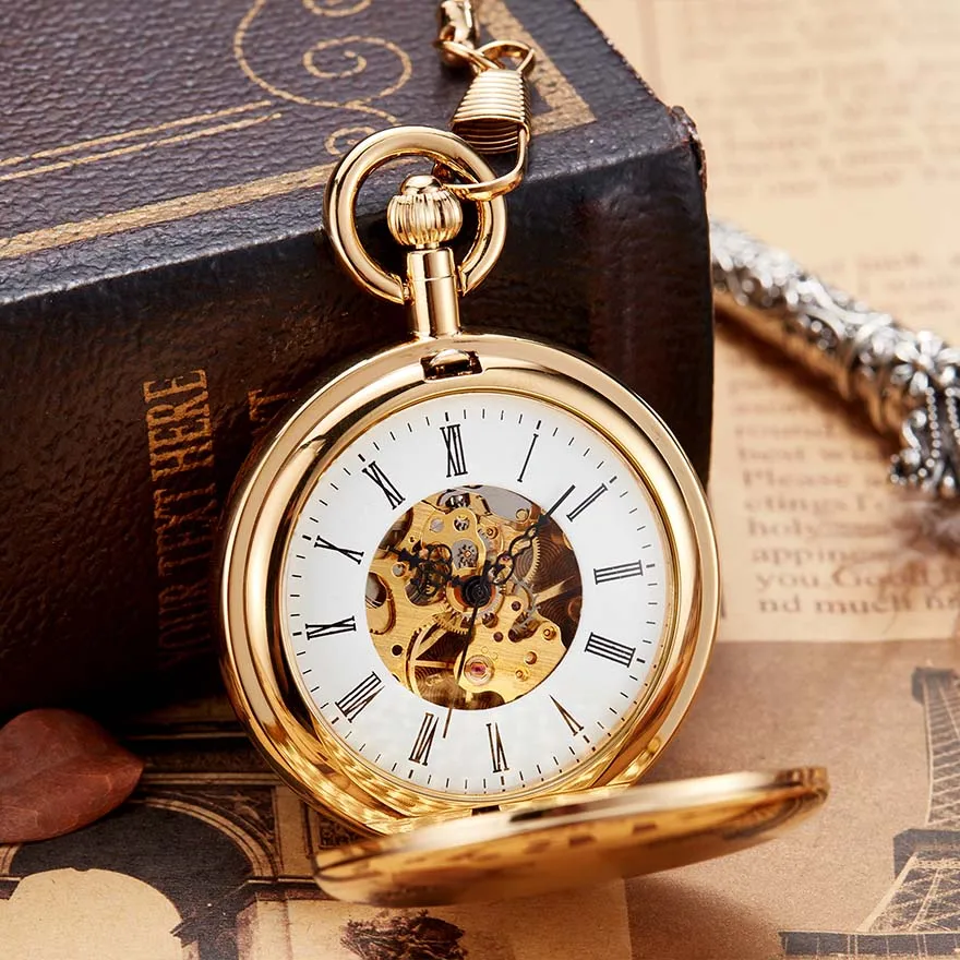 Luxury Sliver Mechanical Pocket Watch Men Women Clock Skeleton Dial Flip Golden Color Double Dual Case Copper FOB Chain Watches
