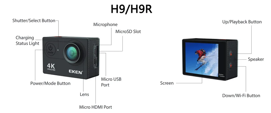 Eken H9/H9R экшн Камера 4K 30FPS со сверхвысоким разрешением Ultra HD, Wi-Fi, 2,0 170D подводный Водонепроницаемый шлема видео Камера s go Спортивная камера extreme pro