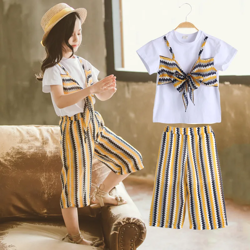 striped Детский костюм комплект одежды для девочек-подростков, летний костюм из короткой футболки с цветочным принтом и штанов спортивный костюм для девочек комплект одежды для детей возрастом от 10 до 12 лет - Цвет: striped