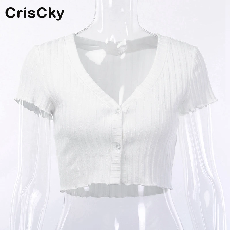 CRISCKY Новая Летняя Сексуальная Кнопка Футболка женская с v-образным вырезом