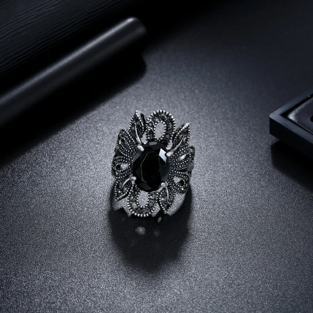 FAMSHIN кольцо панк рок ювелирные изделия серебряный цвет древних способов черные камни выдалбливают Женская Личность хипстер кольца на указательный палец