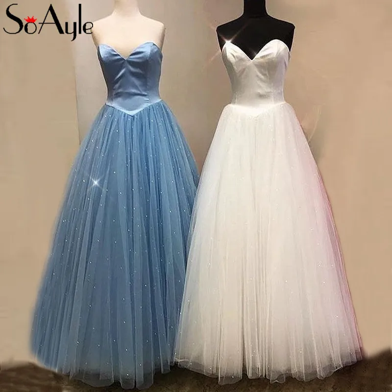 

SoAyle A-Line Prom Dresses 2018 Sweetheart Pearls Tulle Simple Evening Dresses Vestidos De Festa Plus Size Haute Couture