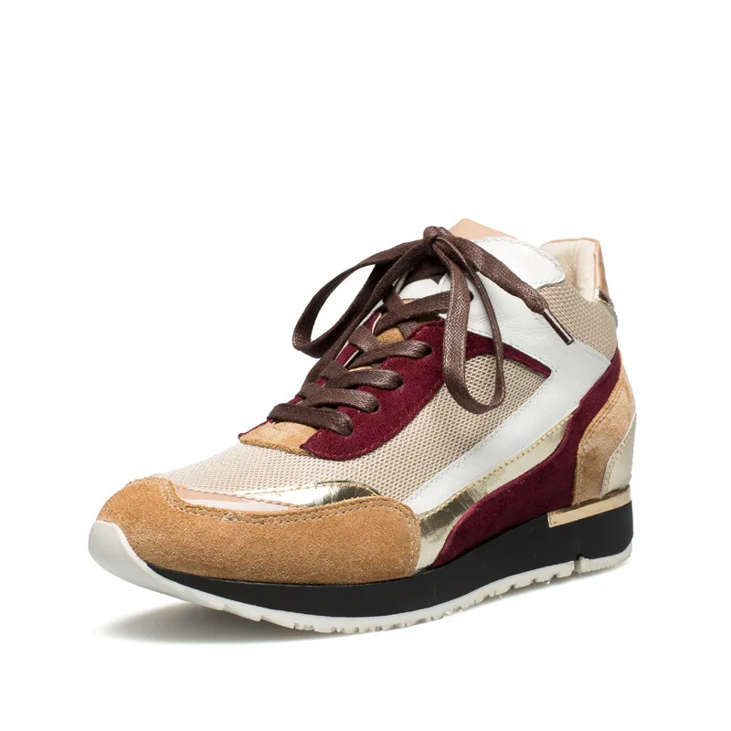 

CuddlyIIPanda 2019 Autumn Cow Suede Women Wedge Boots Genuine Leather Ankle Boots Camouflage High Top Sneakers Air Mesh Botas