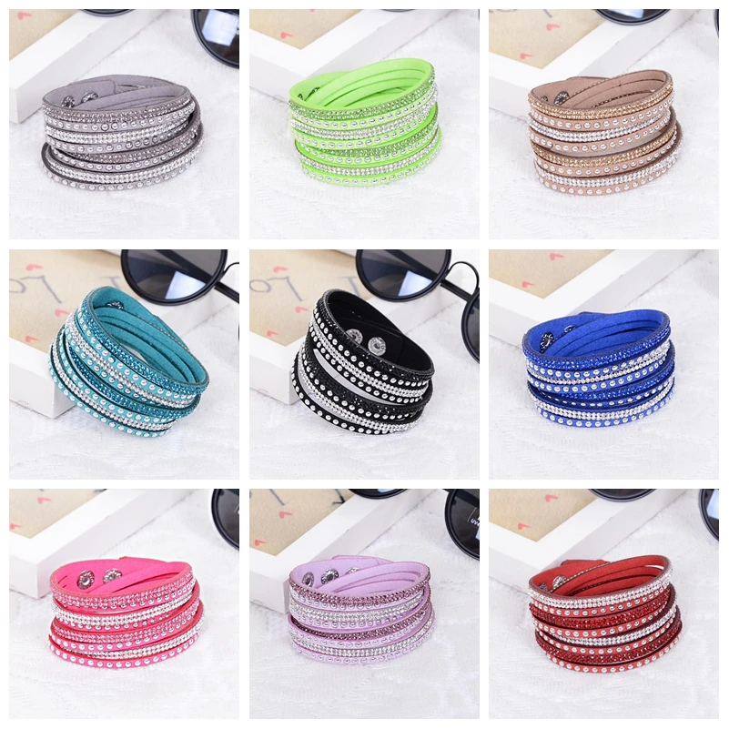 Кожаный браслет стразы с кристаллами двойная оболочка многослойные браслеты для