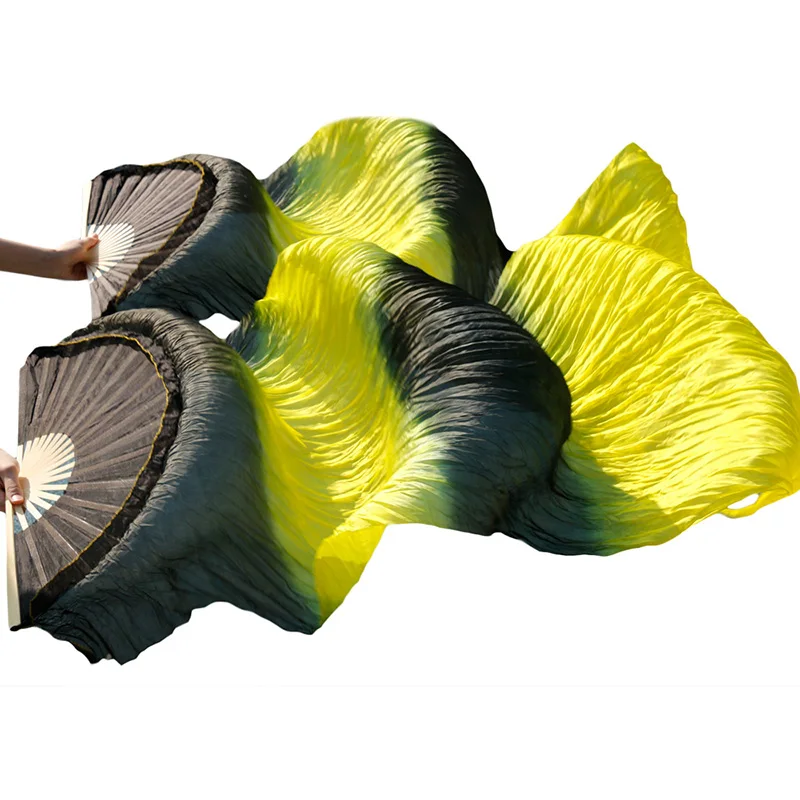 1 Pair Dance Fans Bamboo Ribs Natural Silk Stage Performance Props Dye Women Belly Fan black+yellow+black+yellow | Тематическая