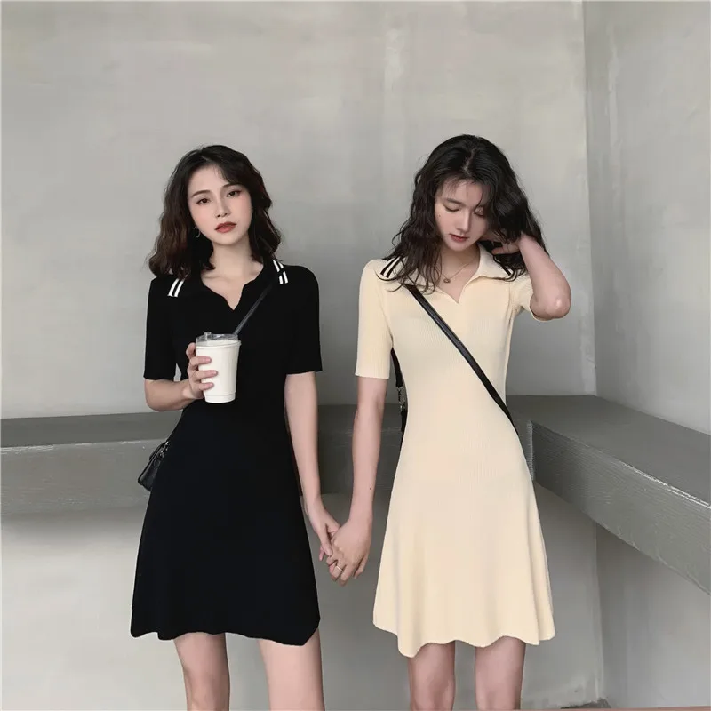Summer Deep V Tun down Collar A Line Short Dress Casual High Street Women Knitted Dresses Sleeve Elastic Slim Mini Dress|Женские платья|