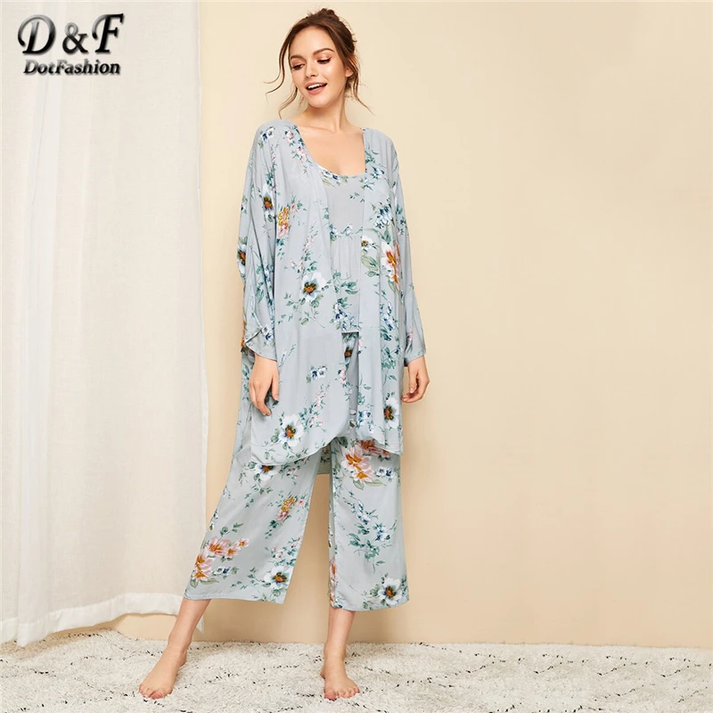 Dotfashion Cami Топ с цветочным принтом и штаны, пижамные комплекты с халатиком для женщин, Осенний Повседневный халат и пижама с длинными рукавами