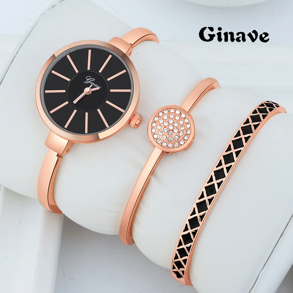 Ginave набор из 3 предметов, женские часы, розовое золото, бриллиантовый браслет, часы, роскошные ювелирные изделия, женские повседневные кварцевые наручные часы, relojes para mujer