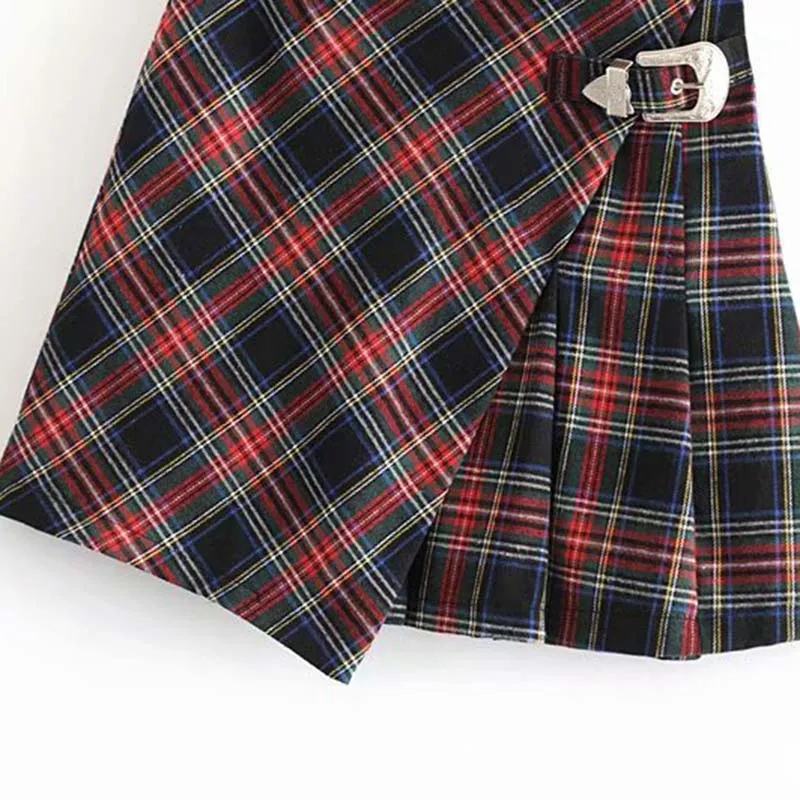 Wonder Women Spring Retro Plaid Mini Skirts Vintage Sashes Female Pleated Skirts Casual High Waist Lady A-Line Skirts Bottoms