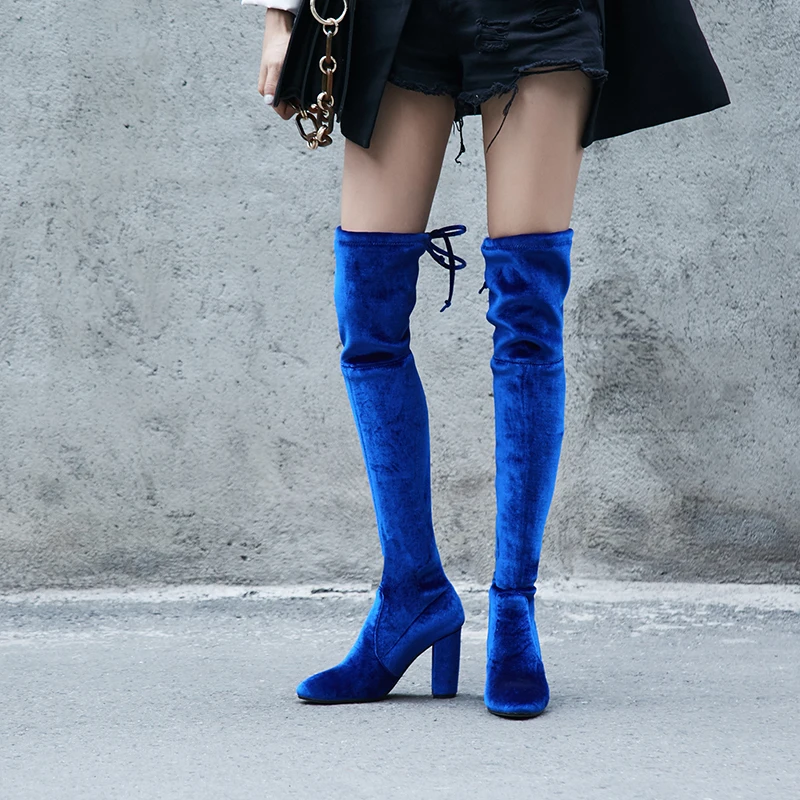 

WETKISS Pleuche High Heels Women Boots Cross Tied Round Toe Footwear Over The Knee Female Boot Shoes Women 2018 Blue Autumn