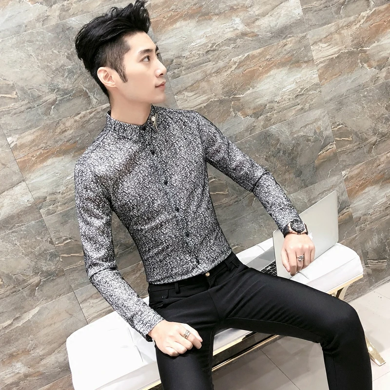Новый стиль мужская весенне осенняя выдолбленная рубашка с длинным рукавом