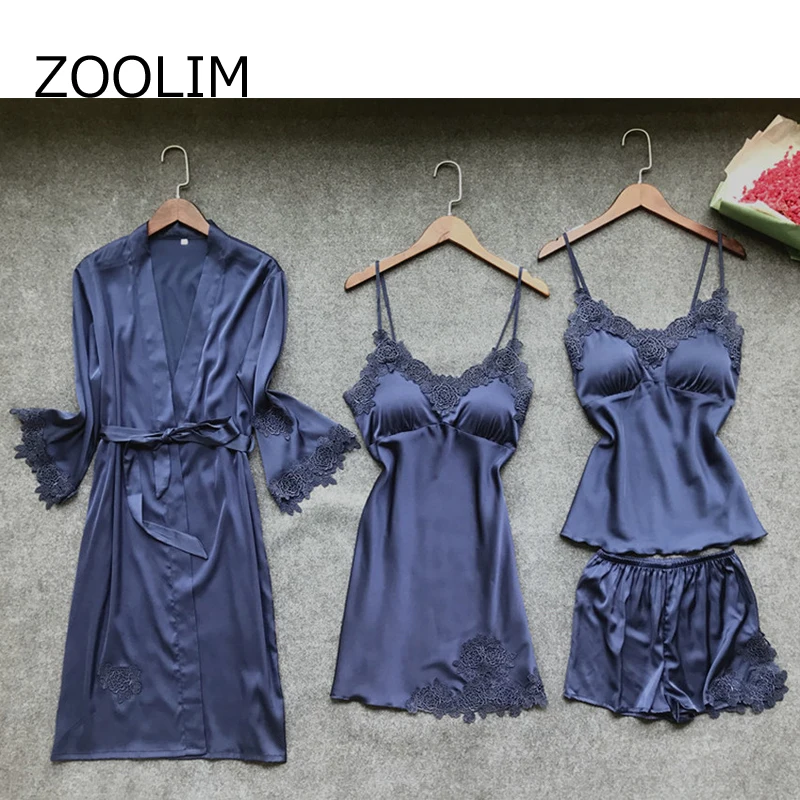ZOOLIM 4 шт. Для женщин пижамные комплекты атласные шелковые пижамы, одежда для сна, пижамный комплект для сна на тоненьких лямках, для отдыха, пижама, нарядное платье с груди колодки