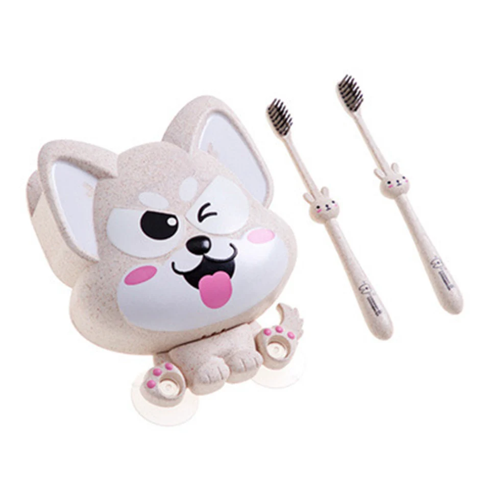 Holder Set beige MSJO Набор держателей для детских зубных щеток, настенный контейнер для 2 шт. зубных щеток, милый пластиковый держатель для зубной пасты для ванной - Цвет: Holder Set beige