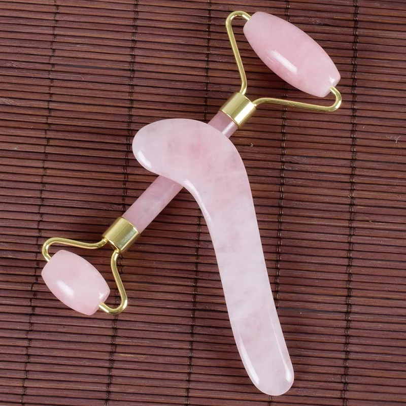 1 set 2 pieces Ролик для лица Gua Sha инструмент массажный набор Китай традиционный натуральный розовый кварц спа иглоукалывание выскабливание тела лечебный камень макияж - Цвет: 1 set 2 pieces