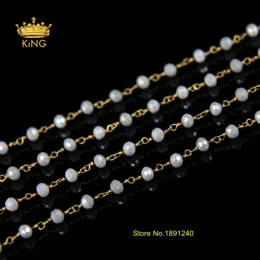 

Grey White Glass Faceted Rondelle Beads Chain Jewelry,Rosary Plated Bronze Wire Wrapped Links Making Necklace Chains LS031