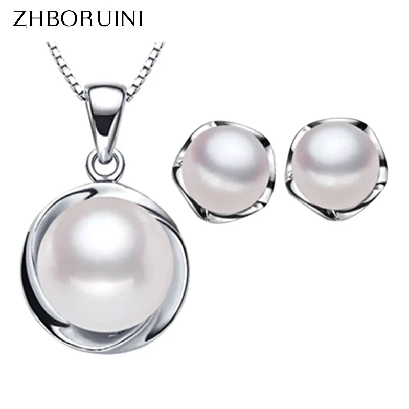 ZHBORUINI Fashion Pearl Jewelry Sets Natural Freshwater Pearl Necklace Earrings 925 Sterling Silver Jewelry Set For Women Gift