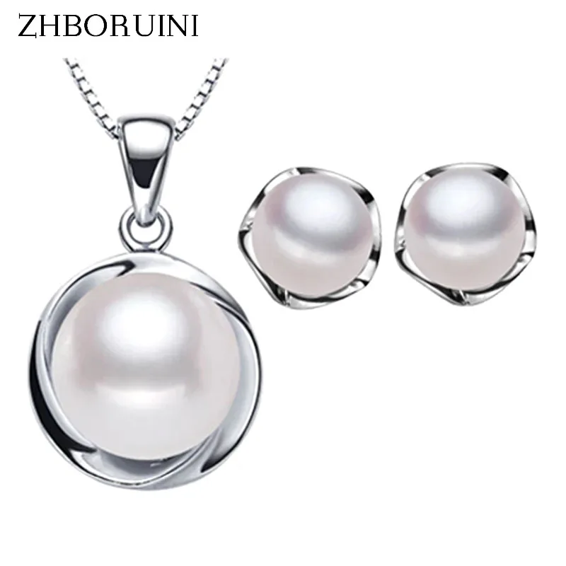 ZHBORUINI Fashion Pearl Jewelry Sets Natural Freshwater Necklace Earrings 925 Sterling Silver Set For Women Gift | Украшения и